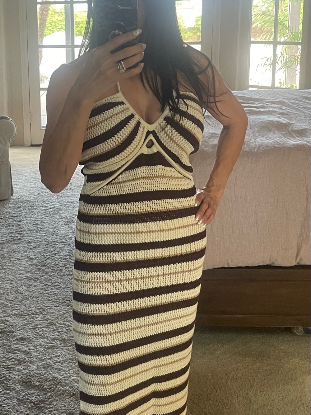Striped Crochet Halter Maxi Dress in Brown and Cream